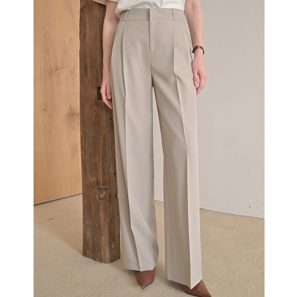 Domingoblue 後鬆緊腰雙鉤釦抓褶寬鬆西裝褲-灰卡其