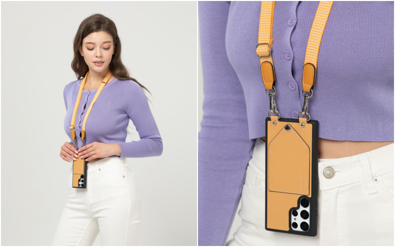 韓國 ARDERE - 卡夾式手工牛皮時尚手機殼(附背繩)-薰衣紫