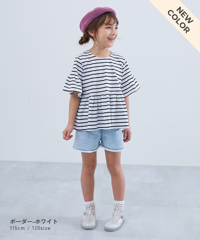 日本 devirock - 寬鬆圓領荷葉五分袖上衣-薰衣草