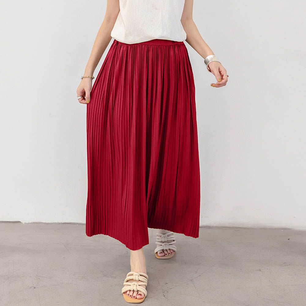 莫代爾舒適修身百摺長裙-酒紅色 (F)