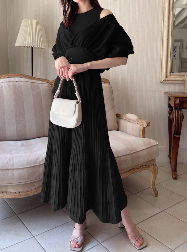 日本 GRL - 夢幻薄紗泡泡袖修身兩件式洋裝-淺米杏