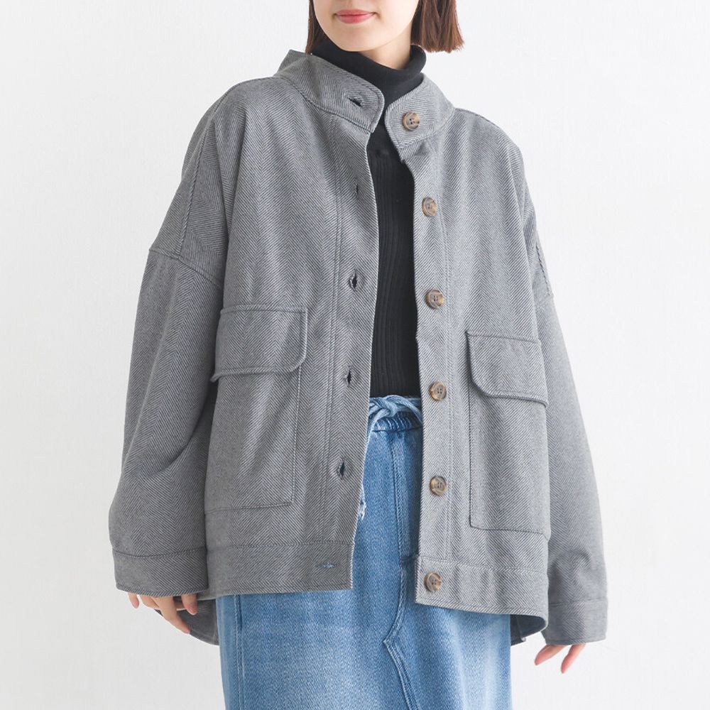 人字紋休閒口袋俐落短版大衣外套-灰