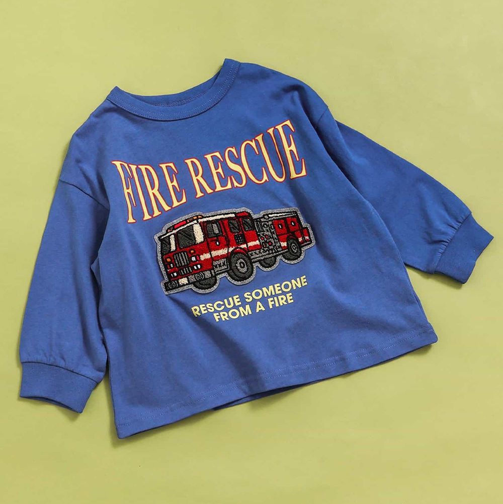 童趣立體刺繡長袖上衣-消防車-寶藍