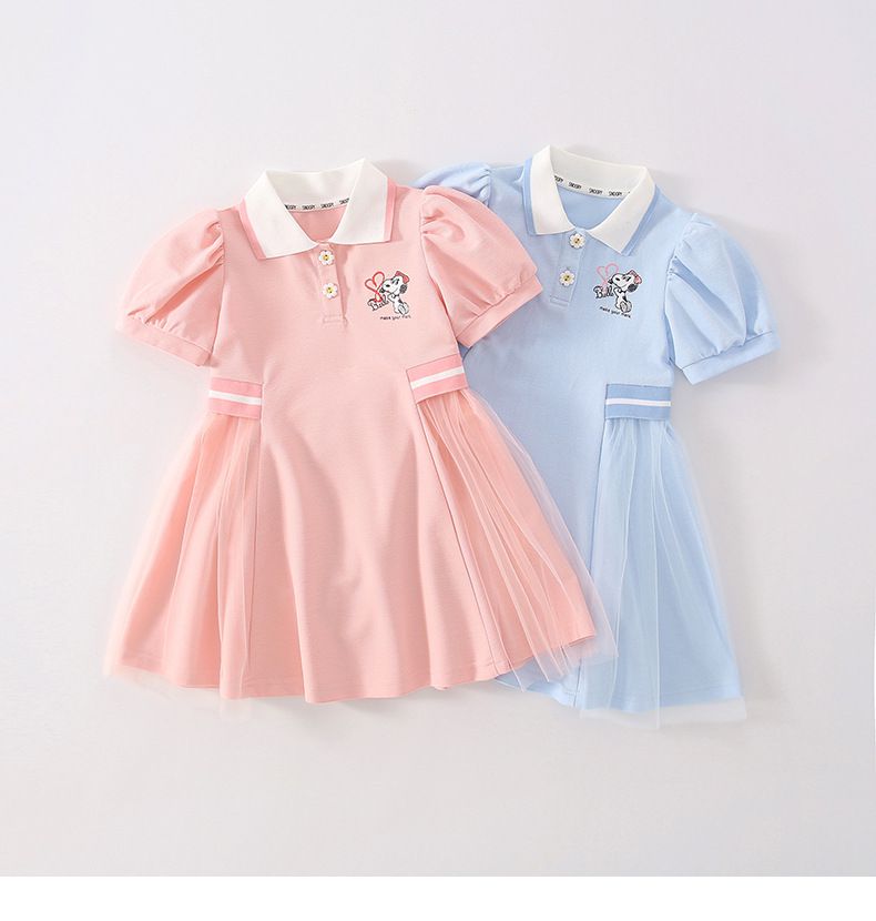 卡通SNOOPY翻領收腰網紗短袖連身裙-Belle愛心-藍色