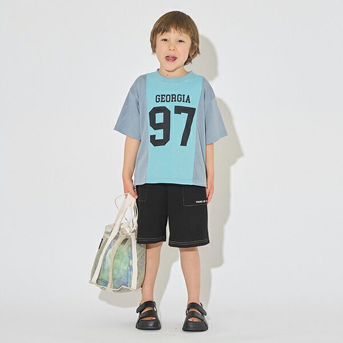 日本 b-ROOM - 透氣網眼數字印花T恤-水藍x灰藍