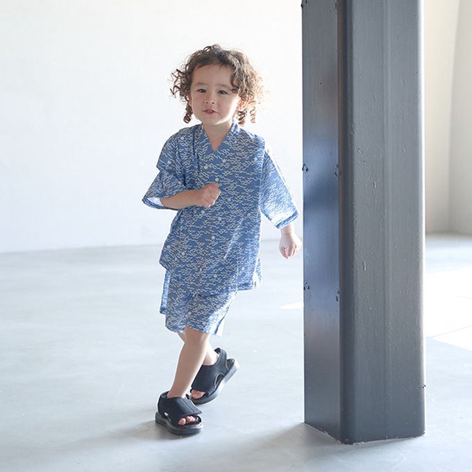 日本 b-ROOM - [限量]夏季印花純棉甚平-方塊-灰藍