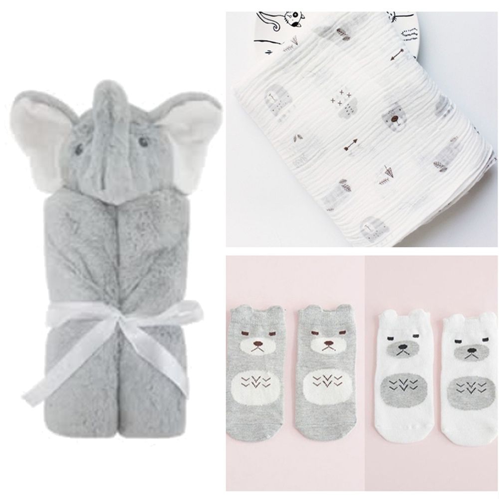 美國 Quiltex - 超柔軟動物嬰兒毯安撫毯-豪華組-灰色大象+包巾+寶寶襪