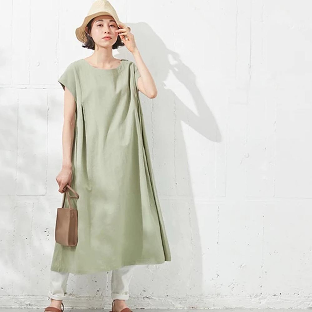 日本 BELLUNA - 純棉素面修身A字短袖洋裝-薄荷