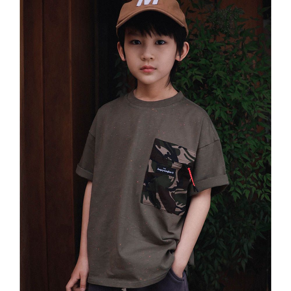 棉質圓領短袖上衣-迷彩口袋-灰綠彩點