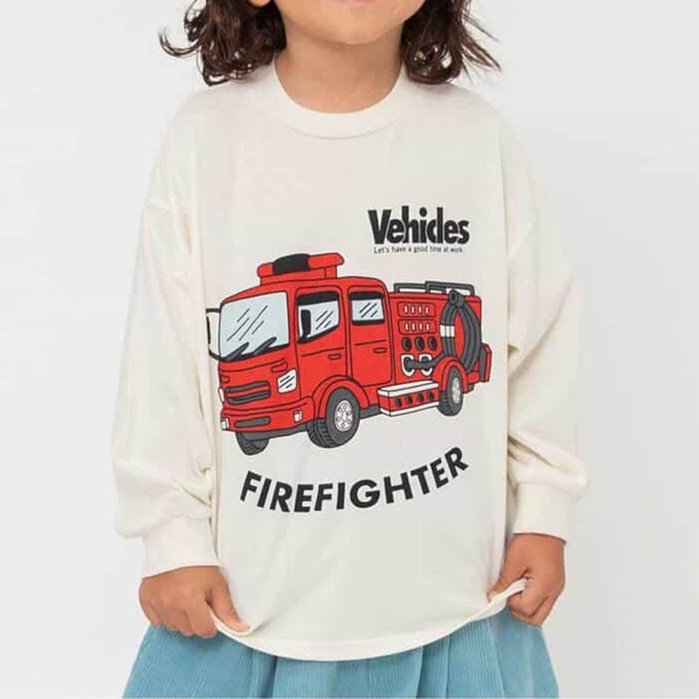 100%棉 帥氣車車長袖上衣-消防車-白