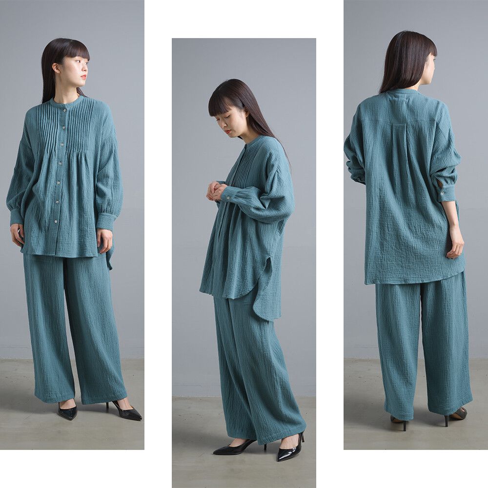 日本女裝代購 - 二重紗純棉風琴褶長袖上衣-黑