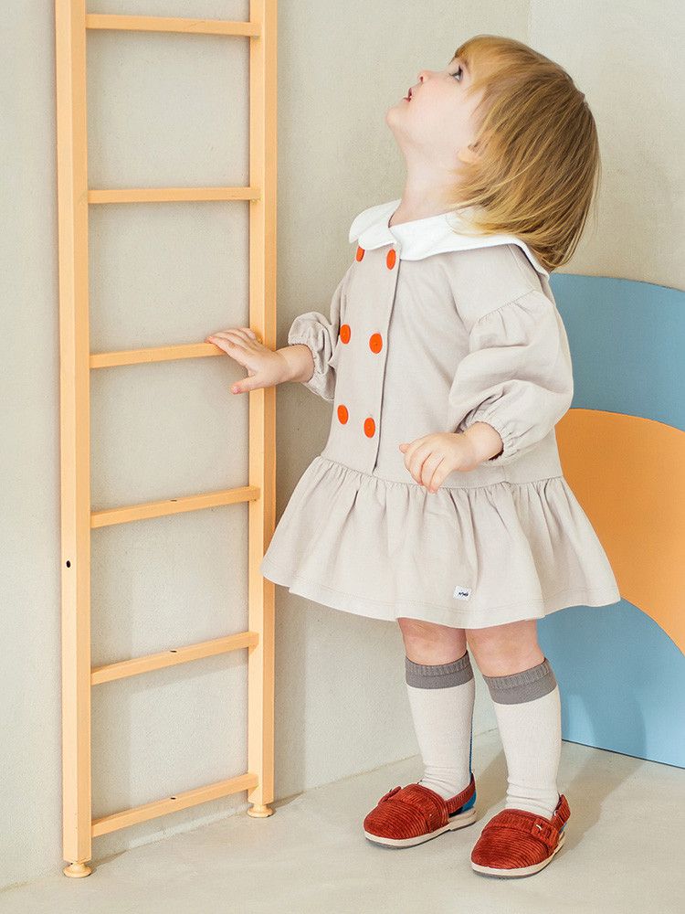 韓國 Pimpollo - 雲朵翻領鈕扣波浪洋裝-綠