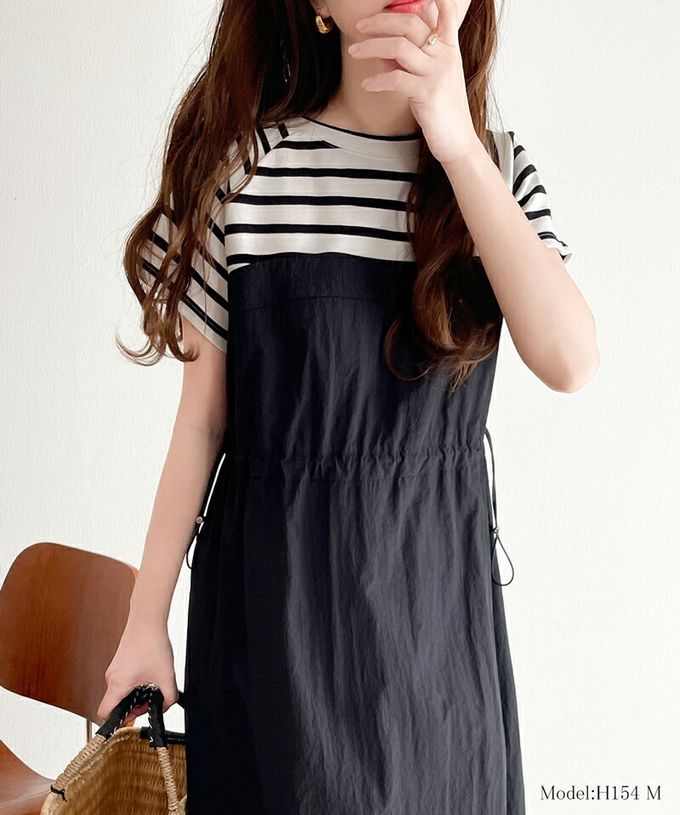 日本 Classical Elf - 法式袖拼接縮腰抽繩洋裝-條紋x黑