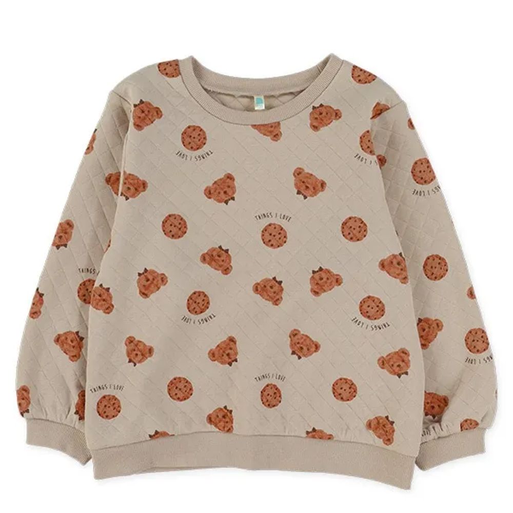 菱格絎縫印花薄長袖上衣-熊＆餅乾-卡其棕