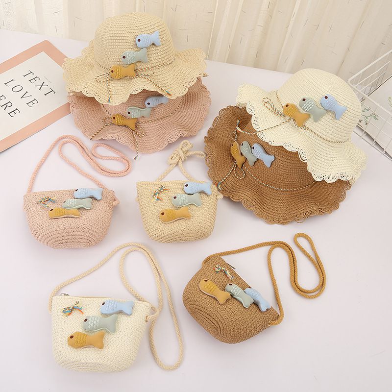 日系不規則大帽簷草帽/遮陽帽(附小背包)-小魚-咖啡色 (建議2-8歲)