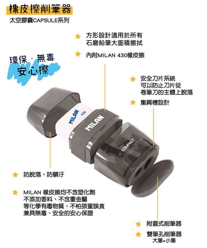 MILAN - COMPACT橡皮擦+削筆器(含補充橡皮擦2入)_雪怪Yeti_黃