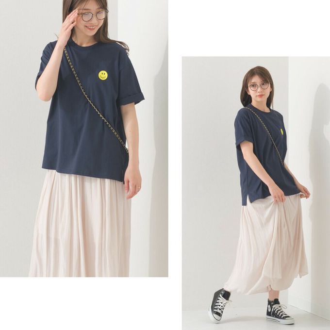 日本 OMNES - 純棉印花休閒短袖上衣-笑臉logo-深藍 (M)