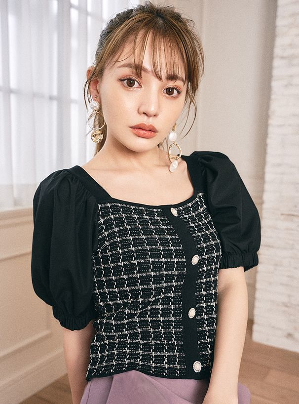 日本 GRL - 異材質拼接小網格針織排扣U領短袖上衣-天使白