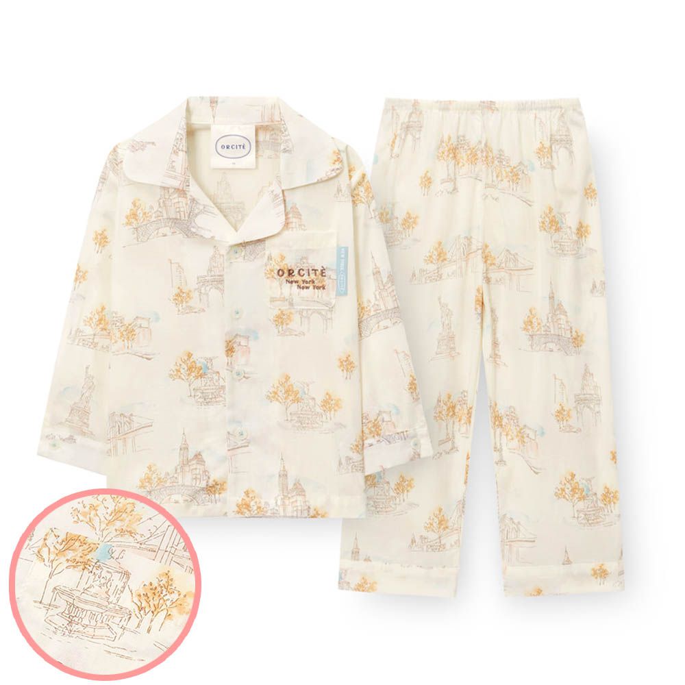 (男女寶適穿)透氣輕柔棉翻領長袖睡衣套裝-紐約素描-米