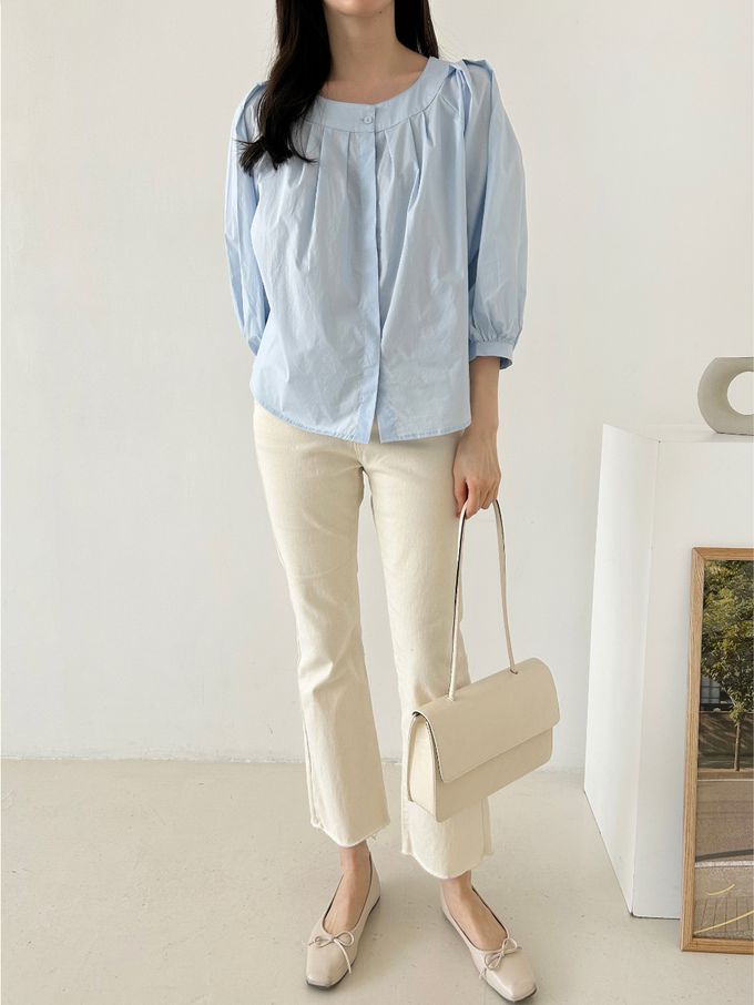 韓國女裝連線 - 氣質抓褶圓領七分袖襯衫-白 (FREE)