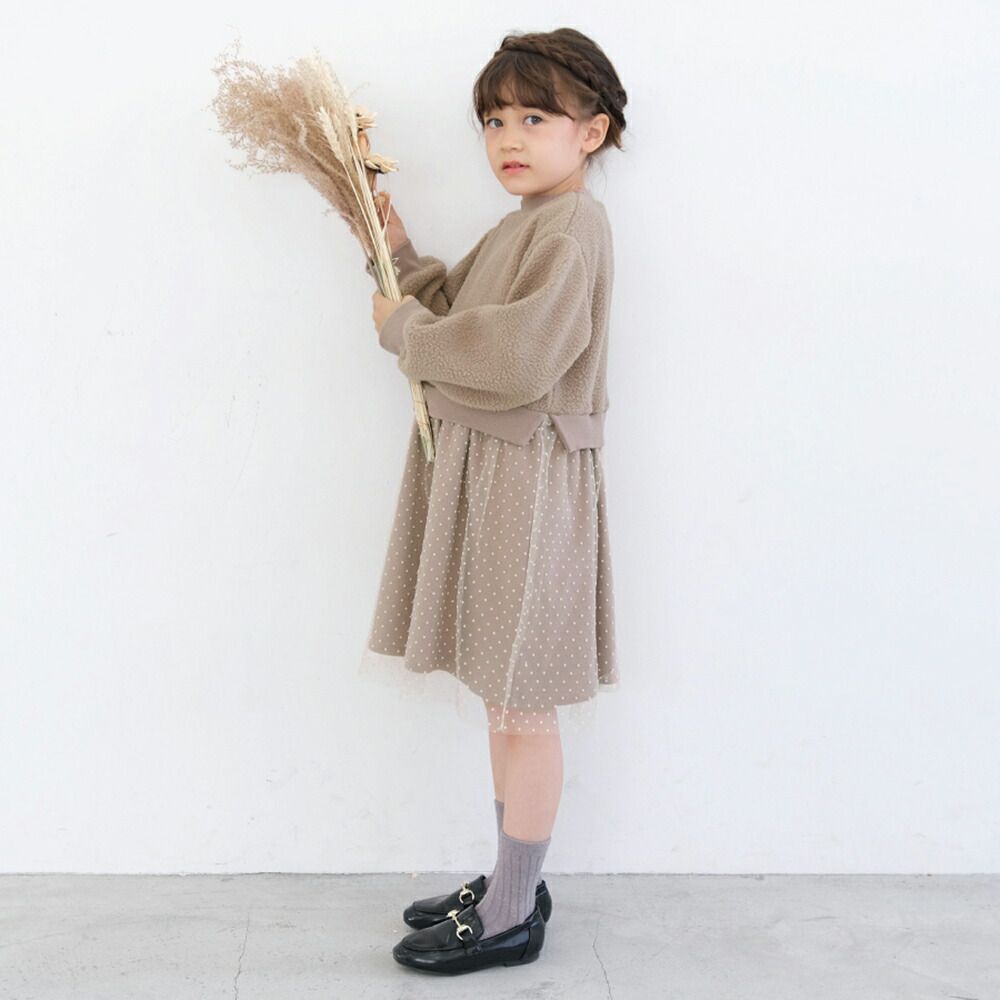 日本 evercloset - 歐風點點薄紗拼接洋裝-摩卡