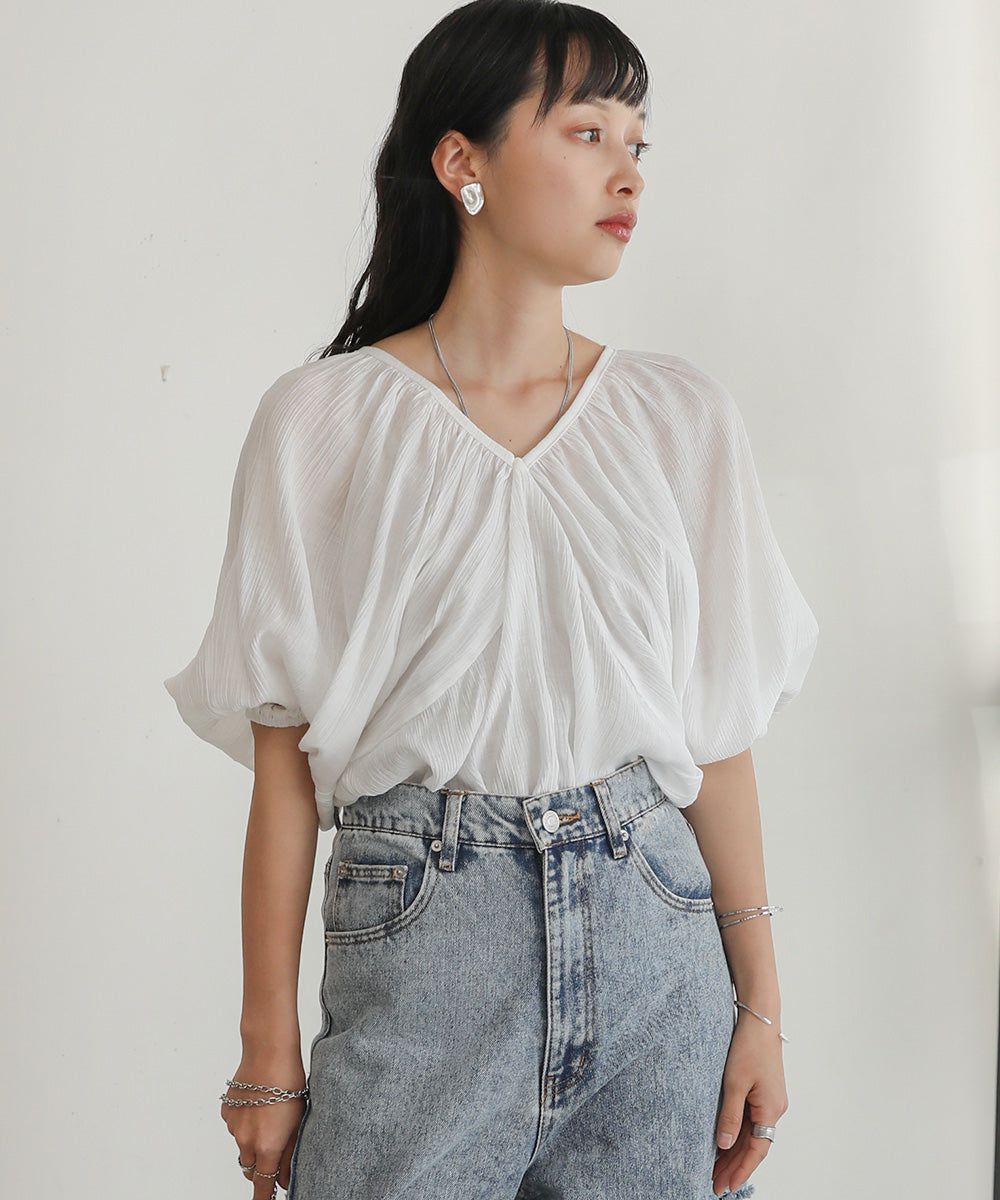 日本 Bab - 嫘縈後綁帶氣球袖上衣-咖啡