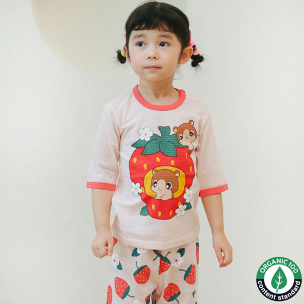 正韓 Puco - 超優質嬰幼兒/兒童七分袖100% 有機純棉家居服/睡衣-草莓倉鼠