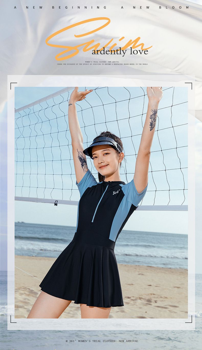 361° - 運動風拼色短袖連身裙泳衣-黑+灰藍