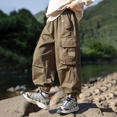 babybody - 純棉腰鬆緊大口袋工裝長褲-卡其