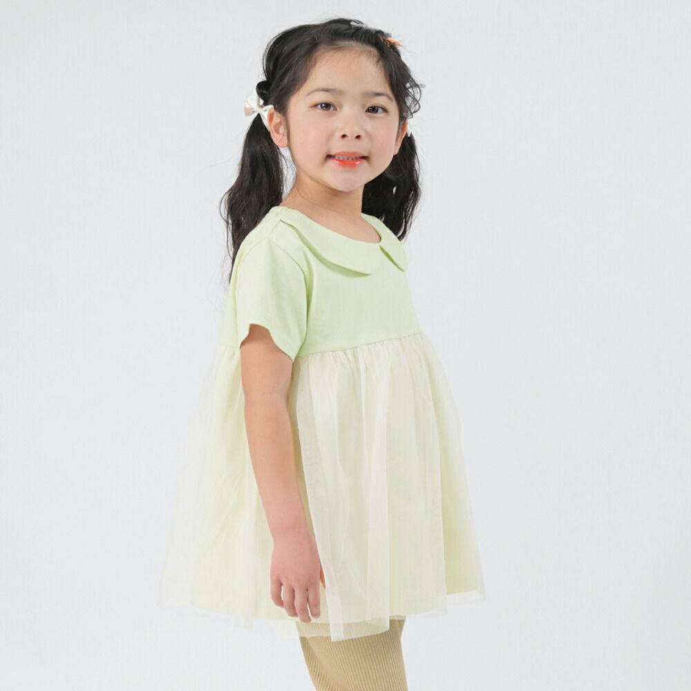 日本 evercloset - 甜美雙層紗娃娃領短袖上衣-粉橘