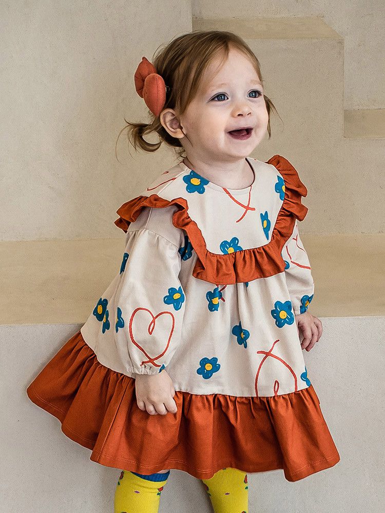 韓國Pimpollo - 微笑花朵荷葉邊洋裝-橘