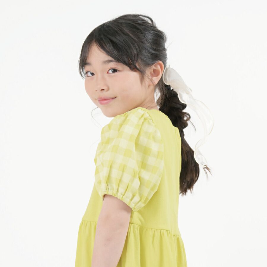 日本 evercloset - 溫柔方領格子袖長版洋裝-紫粉紅