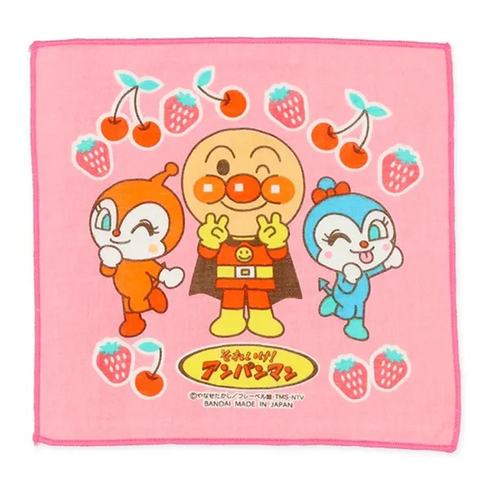 日本製 純棉上學擦手巾/手帕(3入組)-卡通人物麵包超人-粉紅 (19×19cm)
