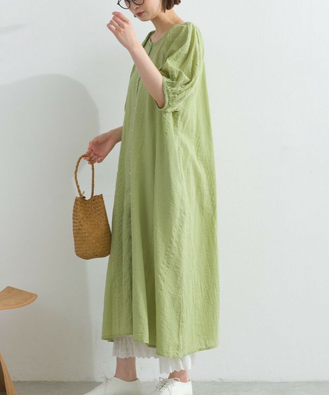 日本 Lupilien - 前後2way 印度棉泡泡袖輕盈洋裝-墨灰條紋