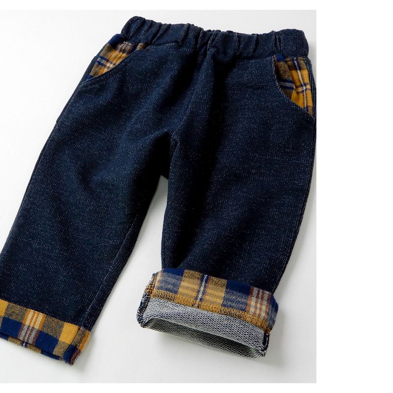 日本 ZOOLAND - 印花拼接七分褲-狗狗格紋-深藍