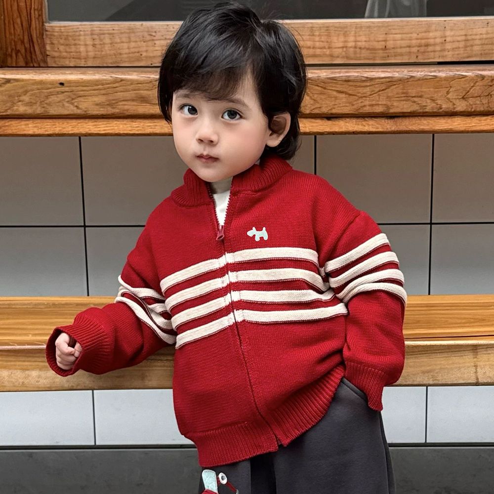 半高領純棉拉鍊毛衣外套-紅色