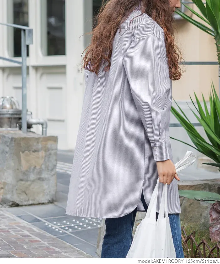 日本 COCA - 簡約落肩翻領長袖襯衫-條紋-水藍