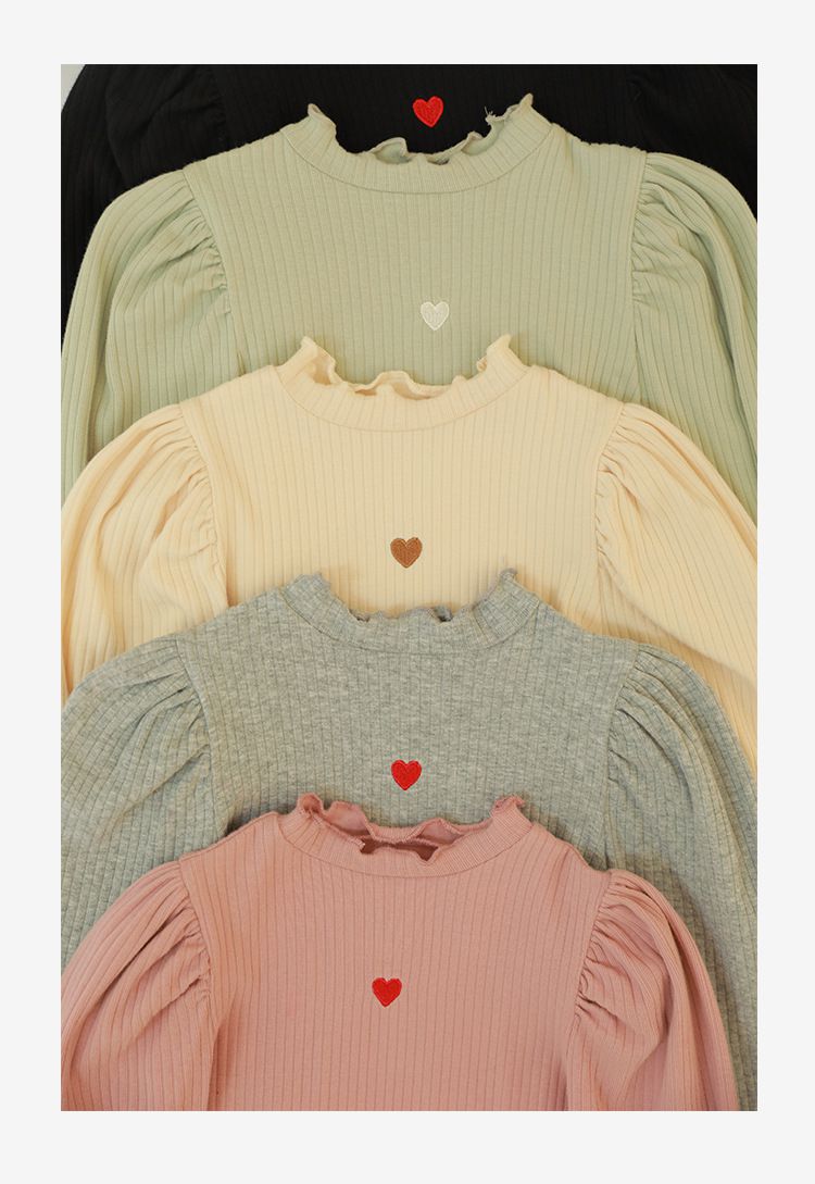 木耳領泡泡袖長袖上衣-小愛心-綠色