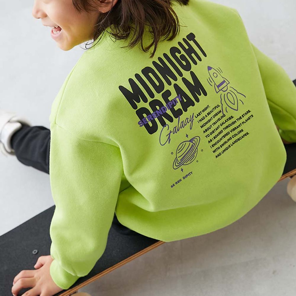 熱銷定番 裏起毛落肩大學長袖上衣-星球火箭-黃綠