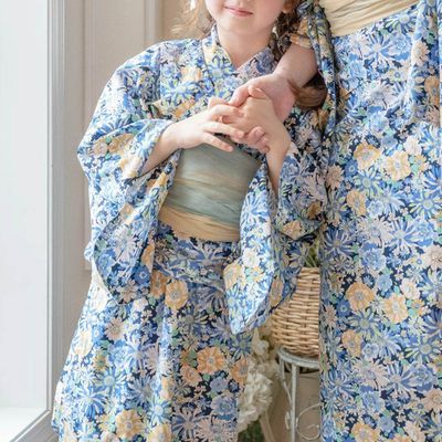 日本 Catherine Cottage - 夢幻2way純棉兵兒帶浴衣(可當洋裝)-滿版花卉-海軍藍