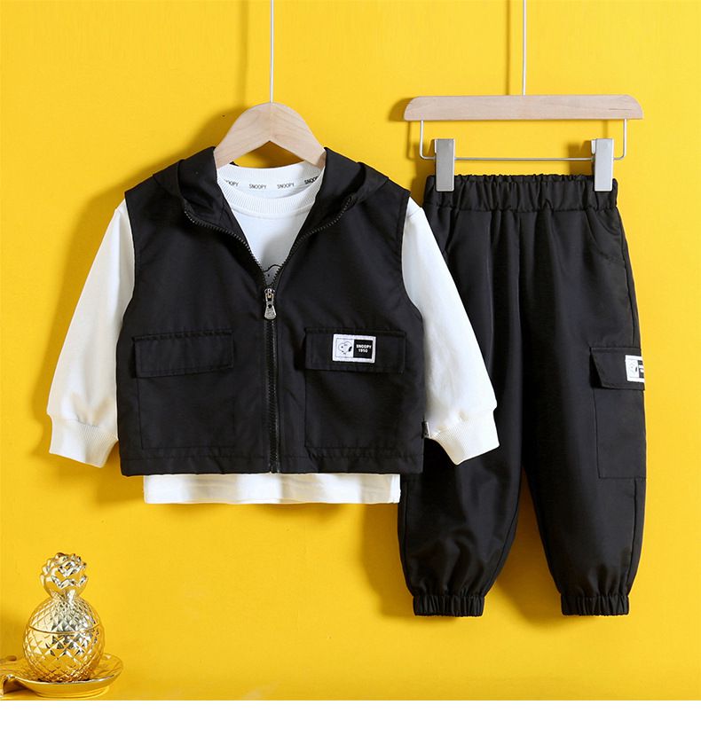 卡通人物史努比帥氣工裝長袖套裝(三件組)-黑色-背心+上衣+長褲