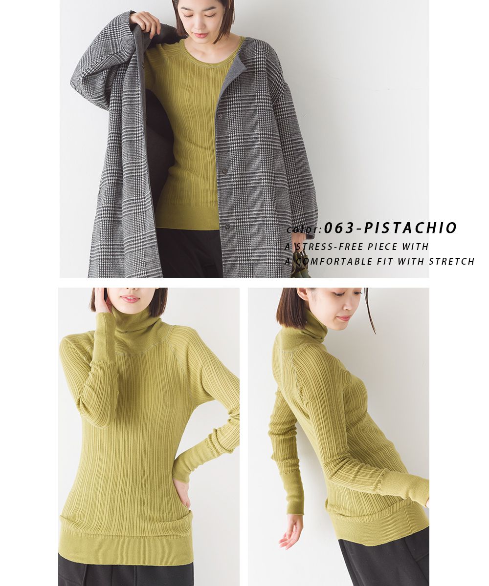 日本 OMNES - [定番]純棉彈性羅紋針織上衣-高領-灰-1250