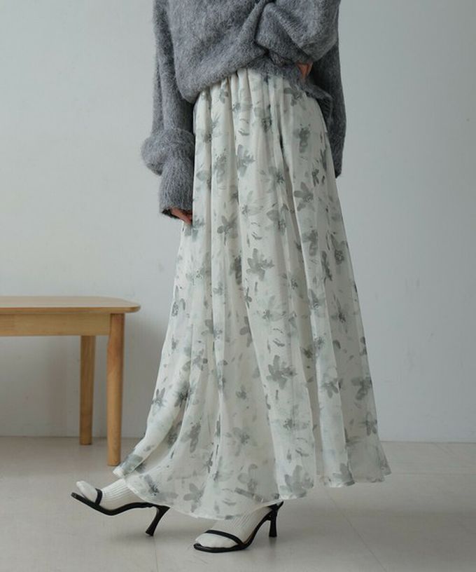 日本 Bab - 溫柔印象花卉雪紡長裙-淺灰