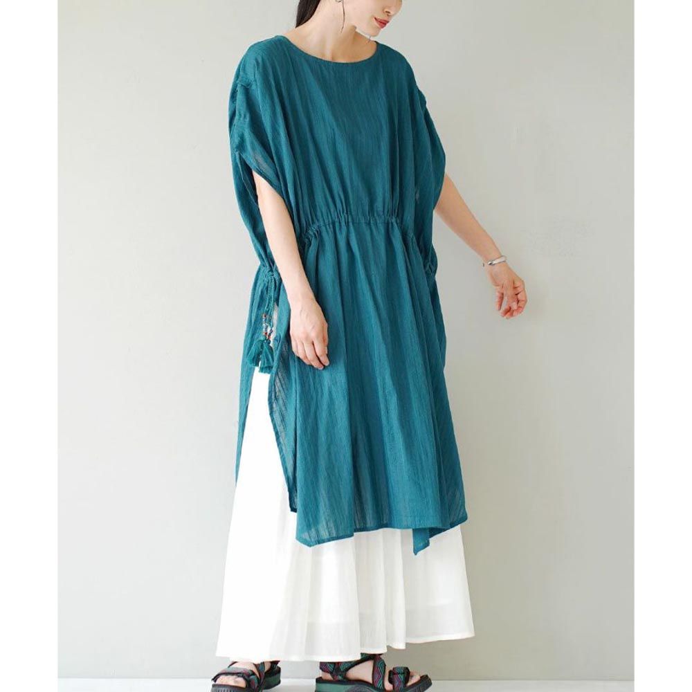 日本 zootie - 民族風 縮腰綁帶高衩短袖洋裝/罩衫-藍綠