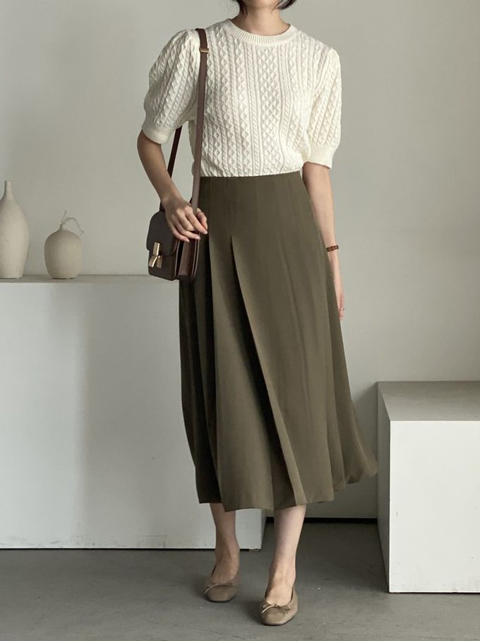 韓國女裝連線 - 麻花辮編織五分袖針織上衣-米白 (FREE)