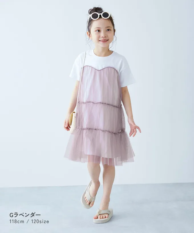 日本 devirock - 柔軟薄紗拼接甜美短袖洋裝-藍