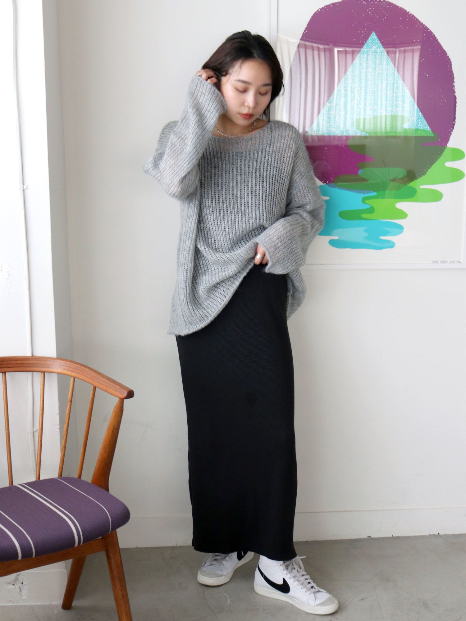 日本 Ungrid - 質感鉤針落肩針織上衣-淺灰 (F)