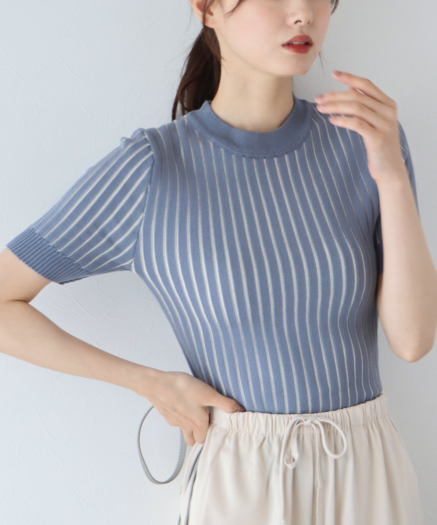 日本 BLUE EAST - 彈性寬羅紋薄針織短袖上衣-淺粉x白