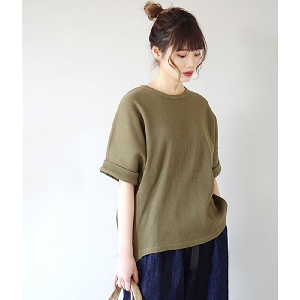 日本 zootie - 純棉鬆餅紋顯瘦五分袖寬版上衣-墨綠