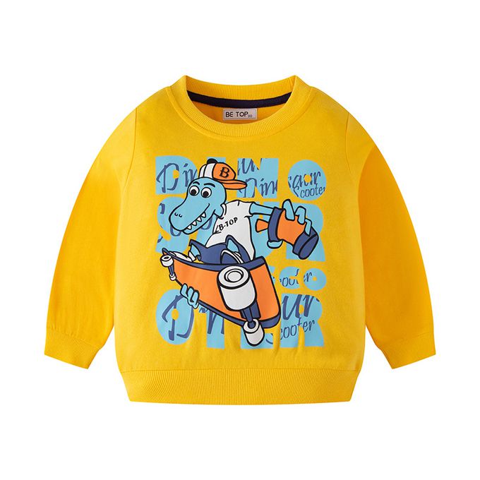 純棉圓領長袖上衣/大學T-嘻哈滑板恐龍-黃色